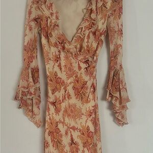 Express Cream and Orange Floral Long Sleeve Dress